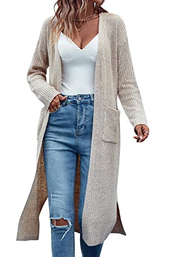 Saodimallsu Lange Strickjacke Pullover für Damen Rippenstrick vorne offen...
