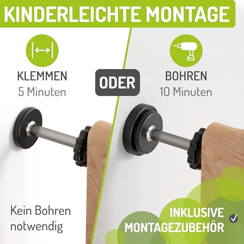 BOMI Türschutzgitter Miko PEFC geprüftes Buchenholz | Ohne Bohren | 90° Stop |Tuerschutzgitter XXL Durchgang | Treppengitter zum Klemmen für Baby | Breite: 71-79 cm