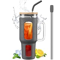 BLUEGO Glazen beker met deksel en rietje, 1400 ml ijskoffie beker met BLUEGO Glazen beker met deksel en rietje, 1400 ml ijskoffie beker met
