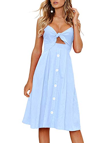 Image of FANCYINN Womens Tie Front Button Down A-Line Dresses Summer Spaghetti Strap Midi Dress Floral Prints