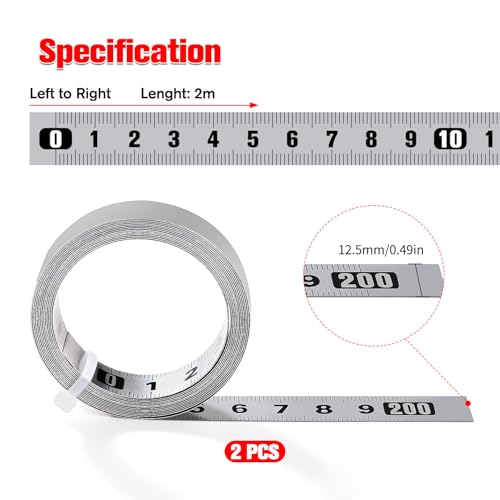 YIXISI 2 Stück 2 m selbstklebendes Maßband, metrisches Lineal, Stahlmaßband, für Holzbearbeitungswerkzeuge, T-Track Router, Silber
