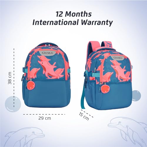 Image of Safari Genius Dolphin 23L Kids Printed Backpack, 2 Compartments, Bottle Holder, Front Pocket, School Bag for Boys and Girls, Bag for Kids, Hidden Pocket