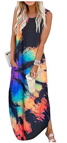 Women's Summer Beach Long Dress Sleeveless Maxi Dress with Pockets Hawaiian Beach Rainbow Graphics Tank Shirt Dresses