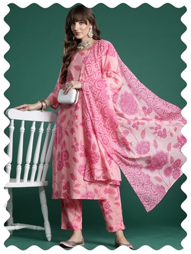 Image of INDO ERA Women's Pure Cotton Printed Straight Kurta & Pant With Dupatta Set (KH0PH10219)