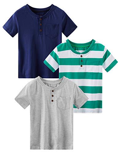 Spring&Gege Toddler Boys' 3-Pack Short Sleeve Henley T-Shirts Cotton Pocket Tee Shirts, Grey, Navy Blue, Green and White Stripes, 3T