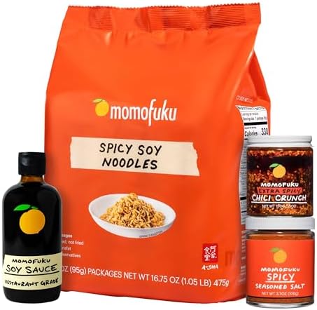 Spicy Momofuku Starter Pack by David Chang, with Extra Chili Crunch, Ramen, Soy Sauce, & Salt, Seasoning Gifts for Foodies