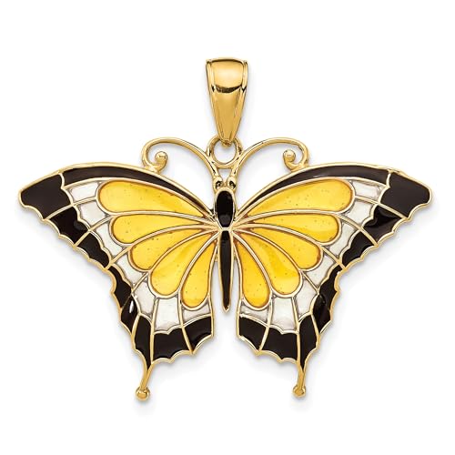 14k Yellow Gold Butterfly Pendant for Women with Black, White, and Yellow Enamel Wings - Nature Inspired Symbolic Jewelry Charm for Spring, Transformation, Renewal, and Elegant Feminine Collections