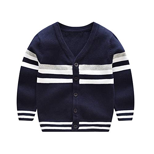 ALUNNI Toddler Baby Boy Button Up Cardigan Sweaters V-Neck Knit Sweater Striped Pullover Sweatshirt Fall Winter Outerwear Navy