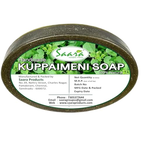 Handmade Herbal Kuppaimeni Soap 90g (Pack of 1) For Detoxifies skin, clears acne/pimple problems, Pure Coconut Oil (Pack of 1)