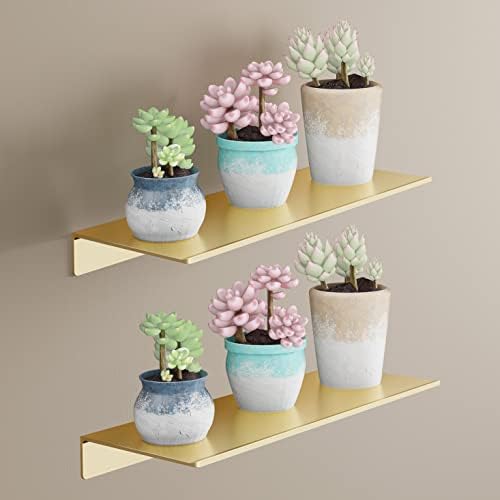 Veefos Small Gold Floating Shelves 11.6 Inch, Set of 2 Bathroom Shelves Organizer Wall Mount, Sturdy Metal Display Wall Shelf for Speakers Plants, Home Decor Bedroom Living Room Kitchen Office