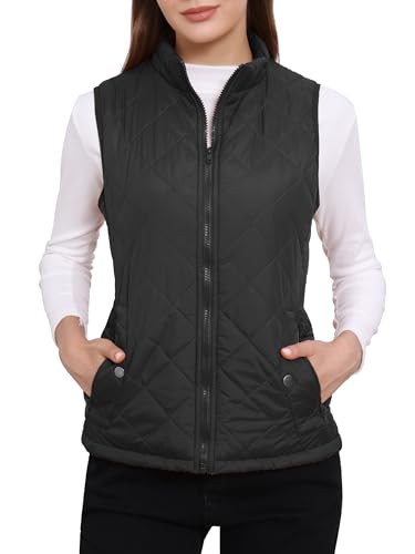 Allegra K Woman Zip Up Front Stand Collar Slant Pockets Quilted Padded Vest Medium Black