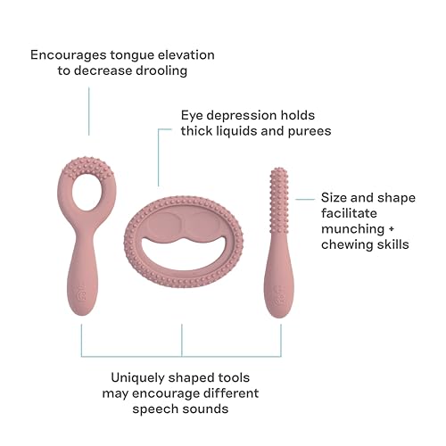 Image of ezpz Oral Development Tools (3 Pack in Blush) - 3 Months+ - Non-Slip Loop, Smile and Stick 100% Silicone Tools - Prepare for Chewing + Solids - Baby-Led Weaning Supplies