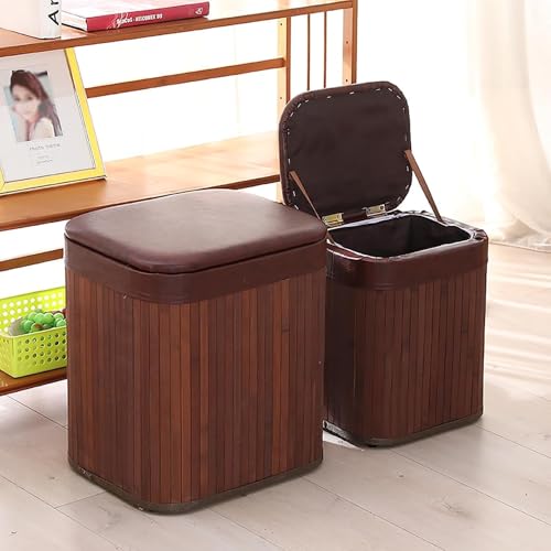 オットマン 収納スツール 竹製 足置き フットレスト 収納ベンチ 座れる収納ボックス 腰掛け 完成品 フタ一体型 1人掛け ボックスチェア 耐荷重100kg リビング 玄関 寝室 (D,M(31*25*38cm))