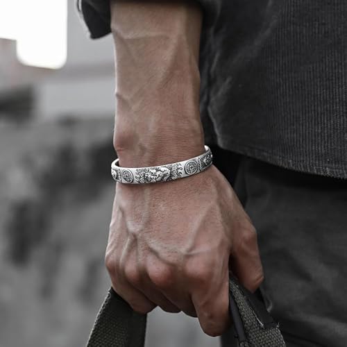 Feng Shui Pi Xiu Bracelet for Lucky and Evil, Vintage S999 Pure Silver Buddhist Amulet Bangle, Tibetan Buddhism Good Luck Wealth Auspicious Meditation Bracelets Cuff2