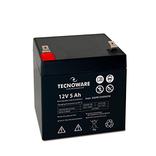 Tecnoware Batería sellada de Plomo-ácido de 12V 5Ah, sin Mantenimiento, Recomendada para SAI y Sistemas de videovigilancia. Conexión faston de 6.3 mm, Color Negro