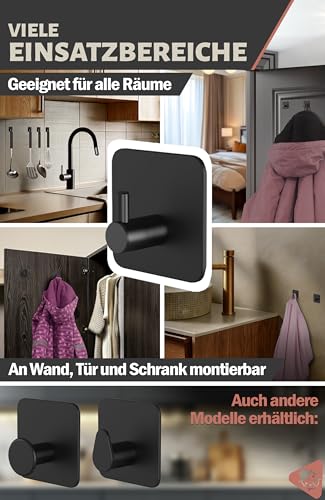 4smile Handtuchhalter ohne Bohren, 4 Stück in Schwarz - Wasserfeste Badezimmer Handtuchhalter, Edelstahl Haken, Klebehaken für Bad, Küche - Extra-starke Haken selbstklebend, Handtuchhaken