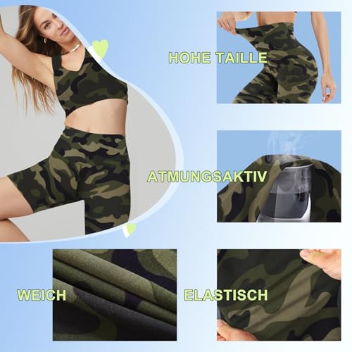 TNNZEET Radlerhose Damen Hohe Taille Kurze Sporthose Leggings Blickdicht Sommer Shorts Yoga Hose für Gym Sport (Armeegrüne Camo,S-M)