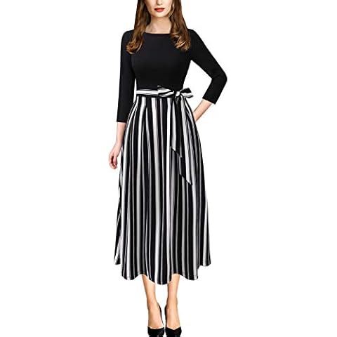 VFSHOW Womens Black and White Striped Print Spring Fall Elegant Patchwork Pockets Belted Work Business Office Casual Party Pleated A-Line Midi Dress 3733 STP BLK L Cover