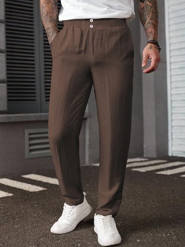 Image of TAGDO Men's Cotton Casual Premium Linen Blend Pants | Lightweight & Breathable Fabric | Elastic Waist with Button | Loose Fit | Perfect for Holidays & Travel (2055)