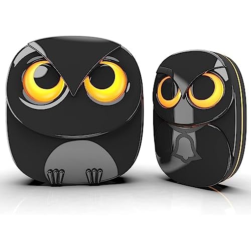 Wireless Doorbell, Cute Owl Doorbell Weatherproof IP55 Outdoor Remote Push Button- 1000 Feet Long Wireless Range, 1 Receiver + 1 Transmitter, Black