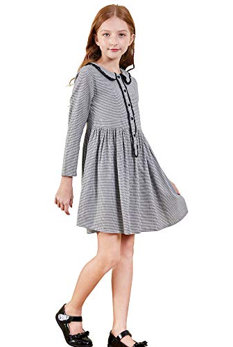 Image of SOLOCOTE Girls Plaid Dress Cotton Casual Spring Long Sleeve Dresses Peter Pan Collar 3-14Y