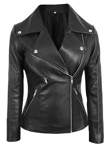 Skyseller Ladies Slim Fit Motorcycle Jacket Black - Women Lambskin Leather Jacket