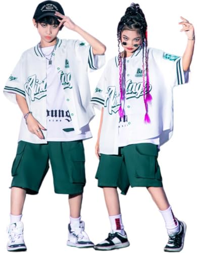 ベースボールシャツ スタジャン カーゴパンツ キッズ ダンス 衣装 セットアップ hiphop ストリートダンス 野球服 ジャズダンス衣装 演出服 子供の日 練習着 団体服 発表会 個性派 大きいサイズ (クリーン,130)