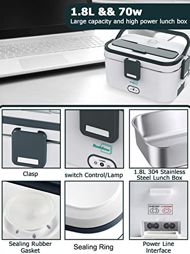 Buddew Electric Lunch Box 70W Food Heater 3 In 1 12V/24V/110-230V Portable Lunch Warmer (1.8L Large-Capacity) Heated Lunch Box For Car/Truck/Home/Office With Carry Bag And Fork And Spoon(Gray) #TOP3