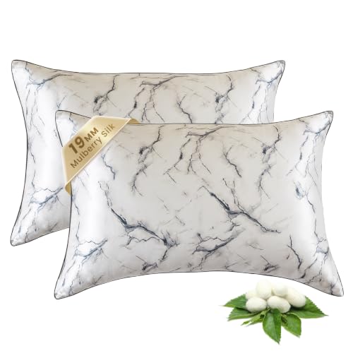 Image of THXSILK Set of 2 Natural Mulberry Silk Pillowcase for Hair and Skin, Grade 6A+ Natural Mulberry Silk Pillowcase, Soft Breathable Zipper Pillow Case Queen Size 20 inchx30 inch, Grey Marble
