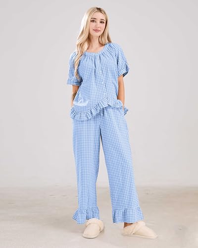 Image of codcm Womens Gingham Pajama Set 2 Piece Short Sleeve Babydoll Shirt and Pants Lounge Set Cute Sleepwear