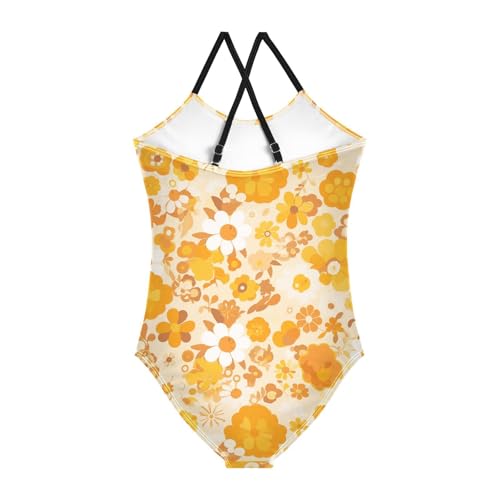 Vintage Yellow Orange Floral Pattern Kids Girls 1 Piece Swimsuits Beach Swimwear Adjustable Strap Quick-Dry2