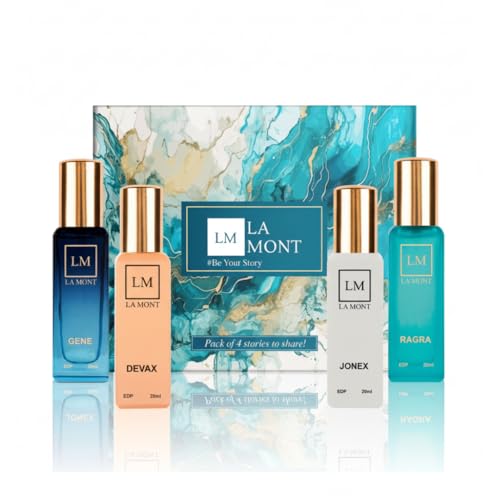 Image of LAMONT Unisex Perfume Gift Set | Pack of 4 (4x20ml) | Long Lasting EDP | GENE, DEVAX, JONEX & RAGRA | Fruity, Woody, Musky | Day & Evening Fragrance for Men & Women
