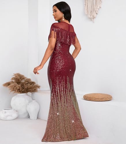 Image of Cololura Sexy Sequin Tassel Mesh Perspective Party Cocktail Bodycon Evening Club Maxi Dress
