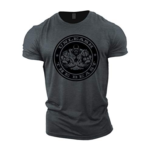 GYMTIER Mens Bodybuilding T-Shirt - Unleash The Beast - Gym Training Top Grey