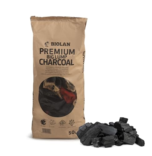 Biolan Charbon de barbecue de qualité supérieure - 50 l (environ 6 à 6,5 kg) - Grands morceaux de 50 à 120 mm - Qualité restaurant - 100 % bois dur -...