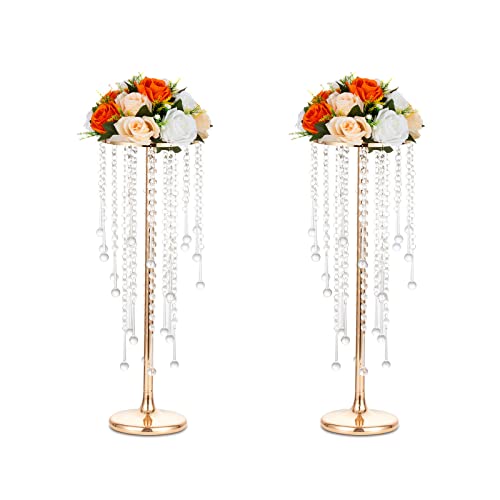Sziqiqi Flower Centerpieces for Wedding Tables Metal - Tall Vases with Chandelier Crystal Beads for Head Table Gold Flower Stand for Wedding Reception Party Events Road Lead