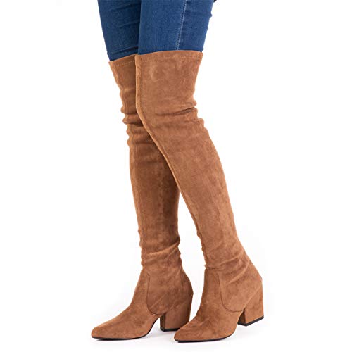 Mtzyoa Thigh High Block Heel Boot Women Pointed Toe Stretch Over The Knee Boots4