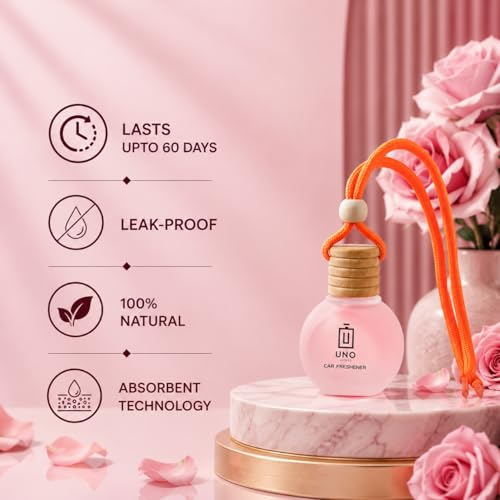 Image of UNO AROMA Rose Car Air Freshener, 15ml, Long Lasting Hanging car perfume, Toxin-Free Oil in Glass Bottle with Wooden Diffuser, Car Accessories for fresh aroma, Last Upto-60 Days