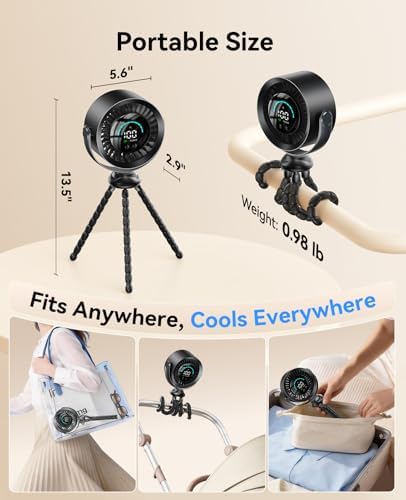 KIMMOO Portable Baby Stroller Fan, 360° Adjustable Quiet Rechargeable USB Fan with LED Display, 100 Speeds Safe Clip Fan for Stroller, Powerful Cooling Fan for Golf Car Seat Treadmill Travel, Black — view 8