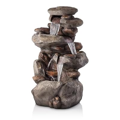 Alpine Corporation | 40" 4-Tier Rock Floor Fountain with Cascading Water & White LED Lights, Tranquil Outdoor Water Feature for Garden, Patio, Yard & Deck, Light Gray