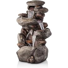 Alpine Corporation | 40" 4-Tier Rock Floor Fountain with Cascading Water &amp; White LED Lights, Tranquil Outdoor Water Feature