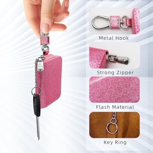 AdiStylinno Autoschlüssel Tasche, PU Leder Schlüsseletui mit Reißverschluss Schlüsseltasche Multifunktionale Schlüsselbund Tasche Mode Schlüsselmäppchen für Damen (Pink)