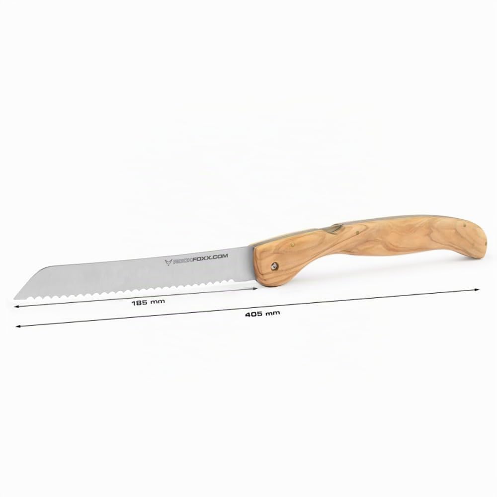 FOXXKNIFE Klappmesser Brotmesser Taschenmesser groß 18,5cm Klinge, ohne Lasergravur, Olivenholzgriff, scharfer Wellenschliff, Ideal für Camping, Offroad, Abenteurer im Wohnmobil, Inkl. Hardbox