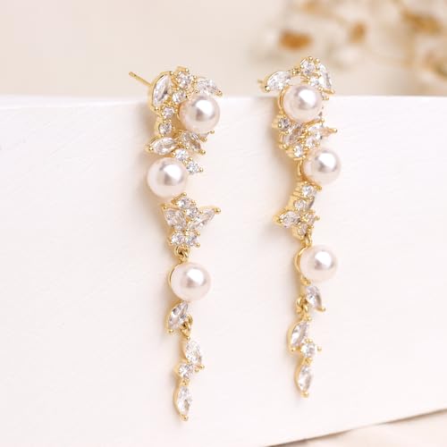 Sonateomber Pearl Long Dangle Earrings for Women, Elegant Rhinestone CZ Leaf Butterfly Bridal Earings Prom Wedding Fashion Jewelry Gift4