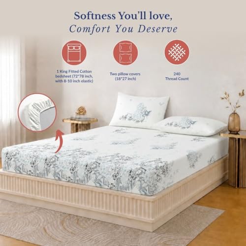 Image of Jaipur Weaves 100% Cotton 240 TC Printed Elastic Fitted Bedsheets King Size with 2 Pillow Covers, 72 x 78 inches (Garden Blue, Super King Fitted, Pack of 1)