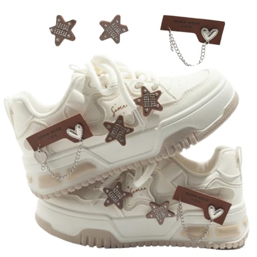 Cute Star Shoes with Stars & Chains Charms Chunky Platform Lace-up Comfortable Slip-Resistant Lightweight Soles Casual Sneakers Kawaii Y2K Pretty Pastel Gifts for Girls
