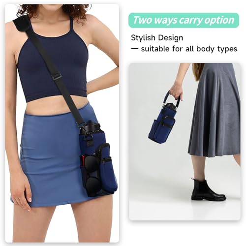 Image of Water Bottle Carrier Bag, 32 oz / 40 oz Water Bottle Sleeve with Paracord Hanlde & Strap, Neoprene Insulated Metal Canteen Pouch Holder with Phone Pocket for Gym, Sport, Fishing-Navy