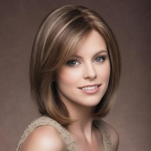 SEVENCOLORS Short Brown Mixed Blonde Bob Wigs for White Women Shoulder Length Synthetic Hair Wigs with Side Bangs Straight Blonde Highlights Women’s Wig