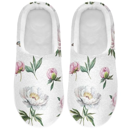 JUNZAN Unique Peonies White Womens House Cotton Slippers Closed Toe Memory Foam Ladies Slippers for Outdoor Funny Presents 6-7