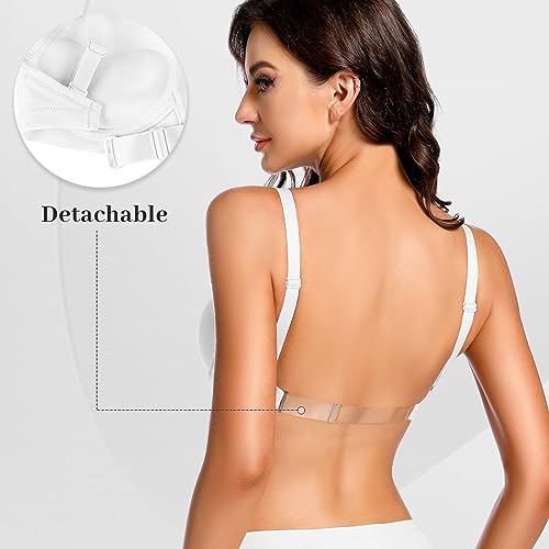 Image of YBCG Plunge Bra with Clear Back Straps Backless Deep V Convertible Push up Padded Add 2 Cup Low Cut Underwire for Women